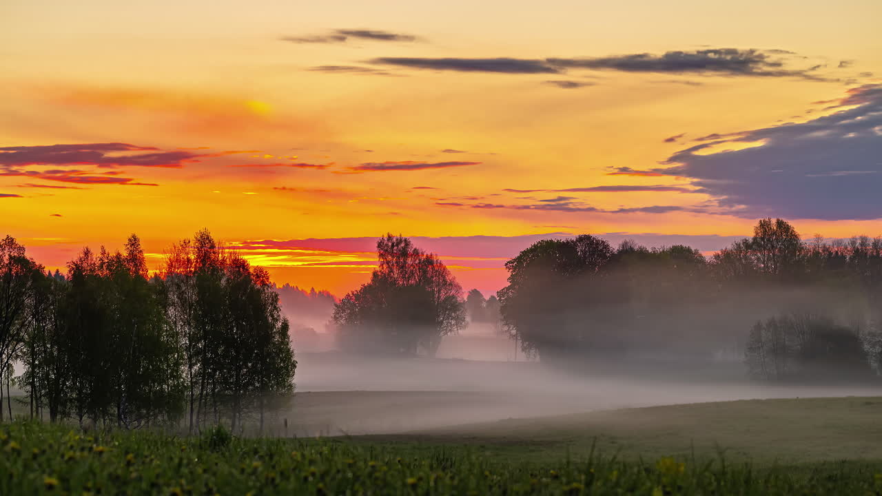안개가 움직이는 아름다운 활기찬 일출 하늘 저속 촬영