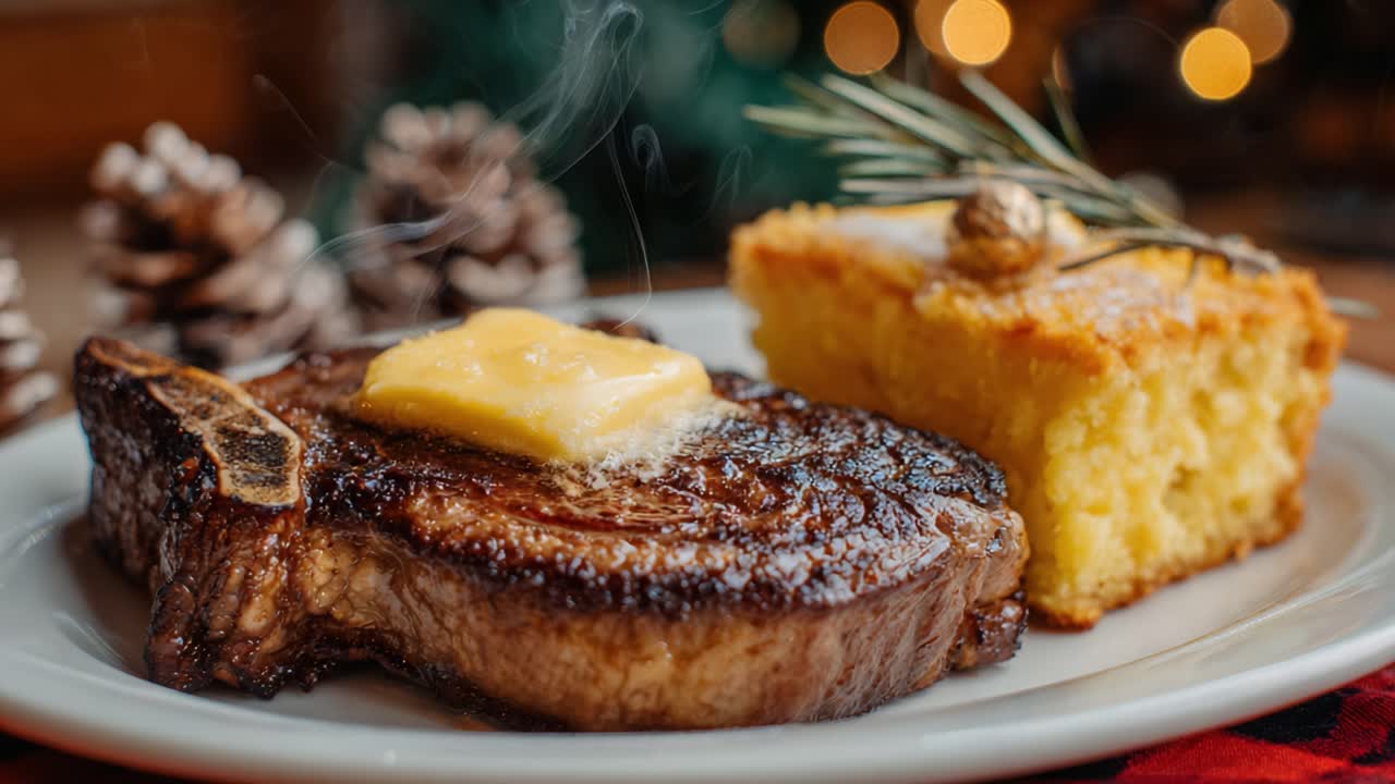 Succulent Grilled Steak with Butter and Cornbread, Perfectly Plated for a Festive Feast, Surrounded by Pinecones and Warm Holiday Lights