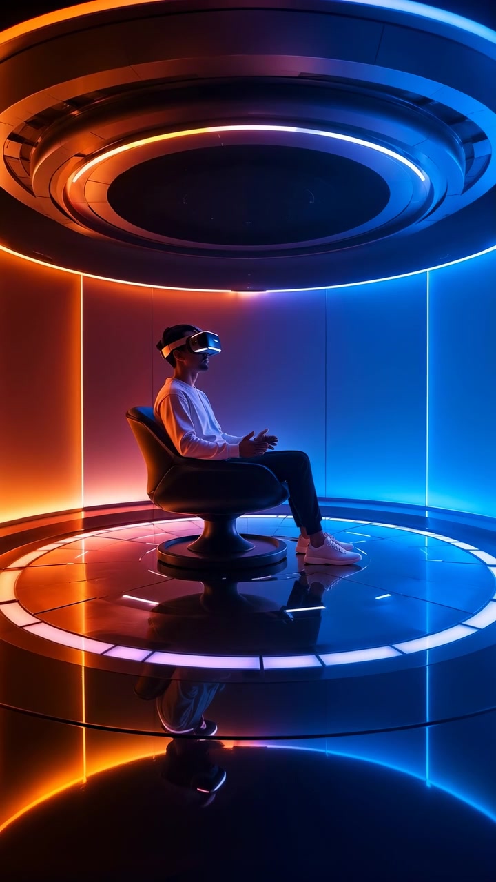 Una persona seduta esplora un'esperienza di realtà virtuale con piccoli gesti delle mani, mentre un'illuminazione alternata blu e arancione circonda una sedia circolare, un pavimento riflettente e un interno curvo.
