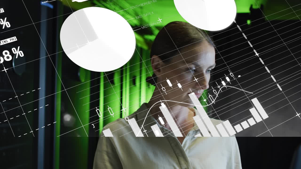 Animation of white infographic interface over caucasian businesswoman in server room