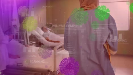 animación de las células de covid-19 y datos sobre el paciente y el médico en el hospital