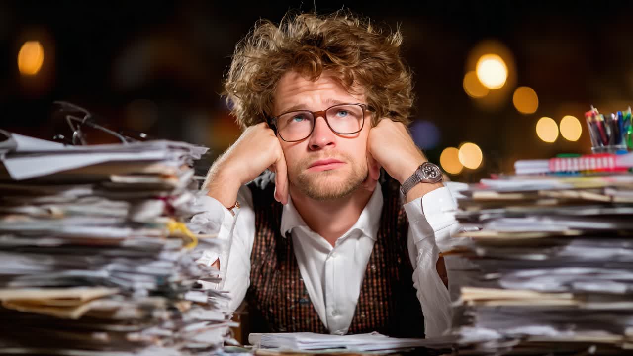 A Frustrated Individual Surrounded by a Mountain of Paperwork, Contemplating His Next Move in a Chaotic Work Environment Filled with Clutter and Distractions