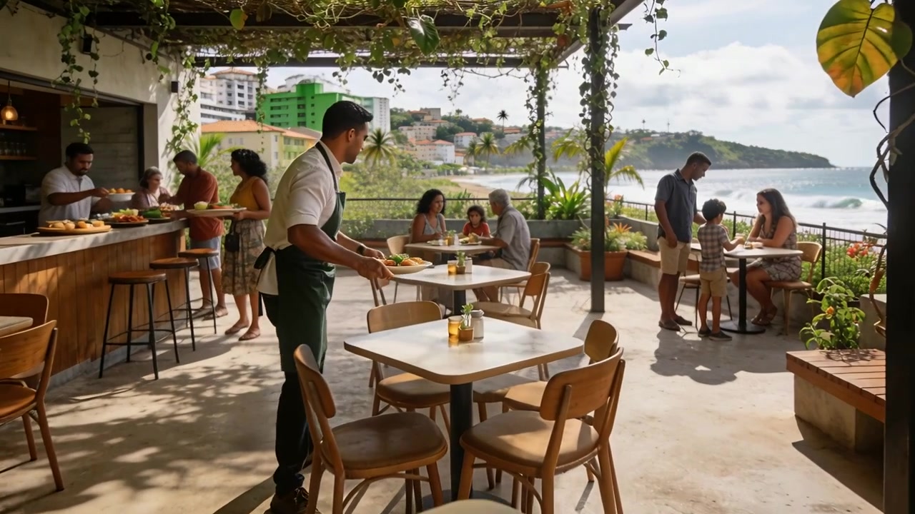 Picking plates male server in green apron carrying dishes to table on sea terrace, serving patrons