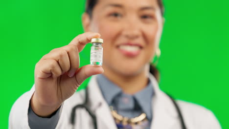 Face,-green-screen-and-Asian-woman-with-a-vial