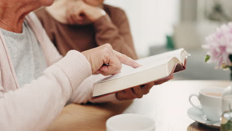 Hands,-elderly-woman-and-bible-study-in-home