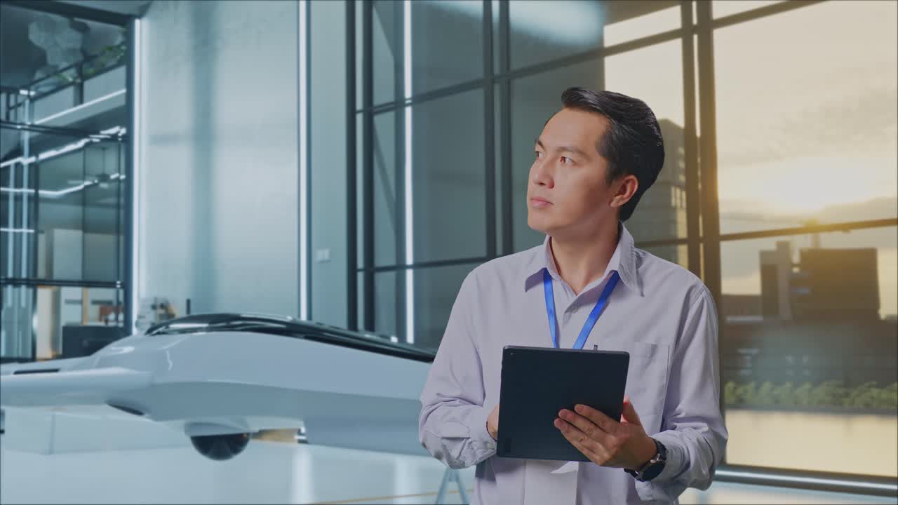 아시안 남성 직업 노동자가 드론 프로젝트와 함께 태블릿을 들고 서 있으며, 그는 태블릿에 집중하기 전에 주변을 둘러보며 관찰합니다.