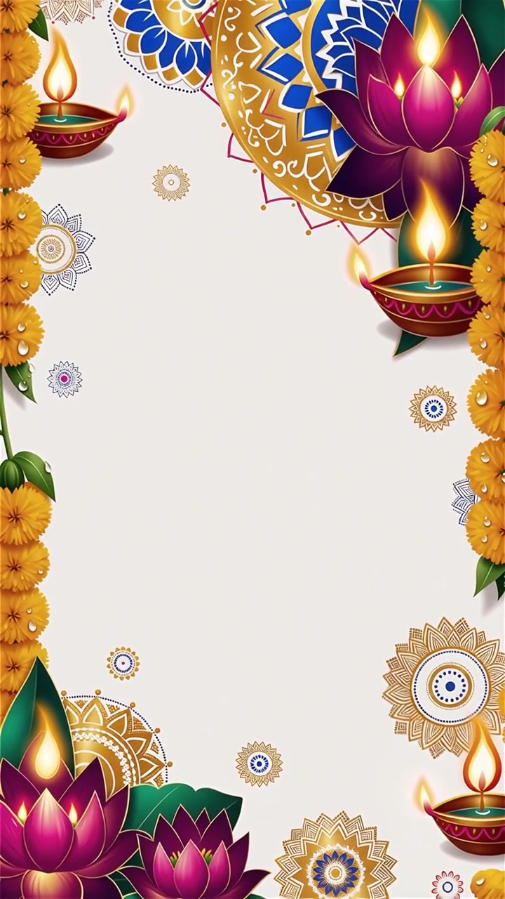 Sfondo Diwali con Diyas luminosi, Rangoli e fiori di loto