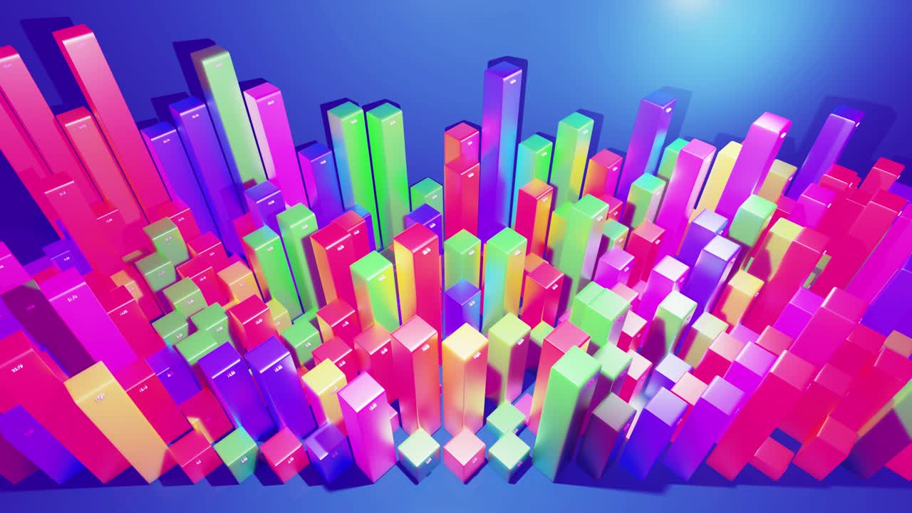 hermoso fondo en bucle 3d para programas analíticos con infografías abstractas, datos estadísticos. barras multicolores, contadores y gráficos. columnas 3d se mueven suavemente arriba y abajo en bucle. bg financiero