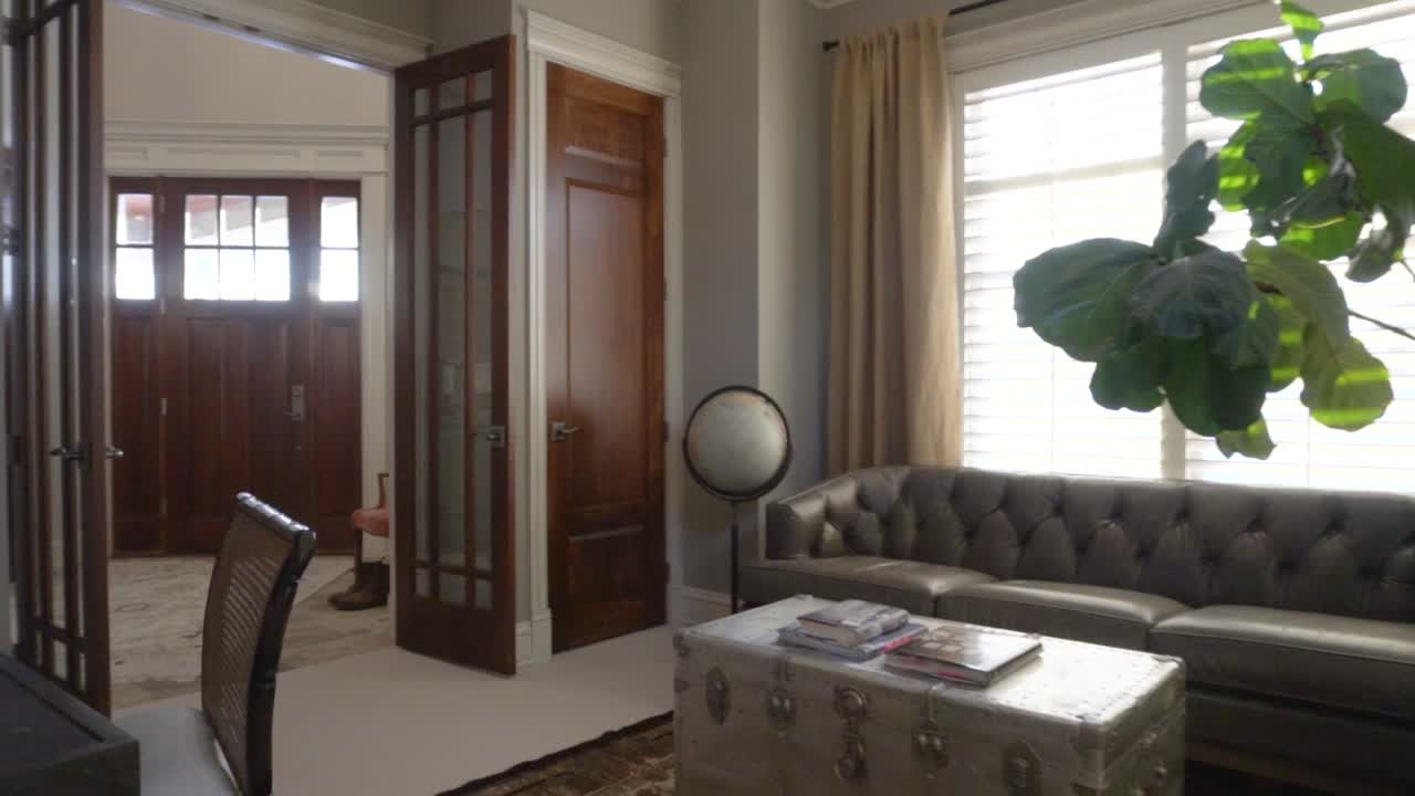 hogar, oficina y lugar de estudio con sofá de cuero y plantas verdes