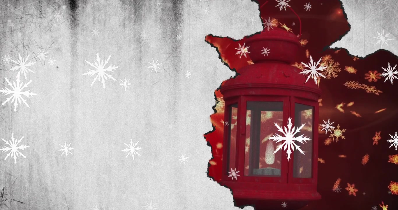 Animazione di neve che cade su una lanterna rossa