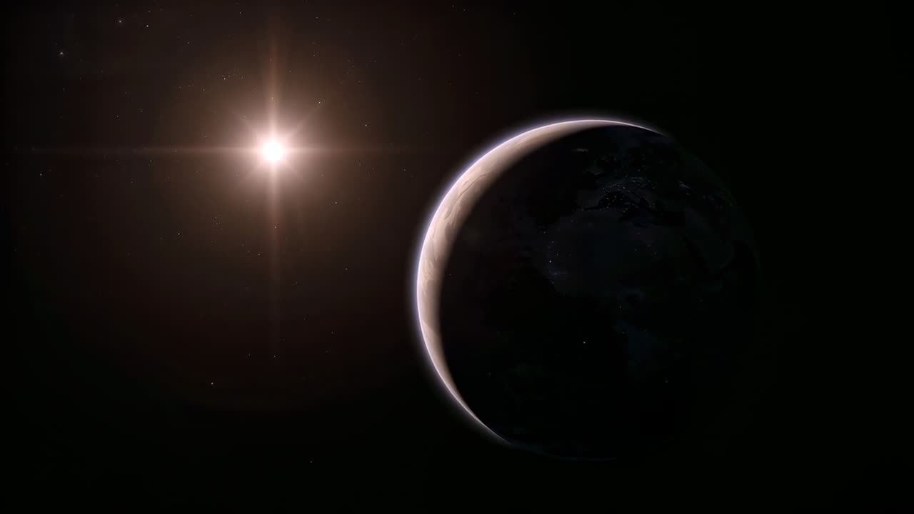 Recording orbital camera capturing planet crescent terminator and star lens flare in orbit to study