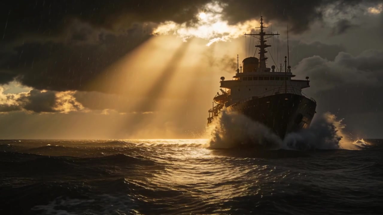 Vorwärtsfahrendes Stahlschiff durchschneidet Wellen auf See, Kamera verfolgt mit Sonnenstrahlen und Gischt.