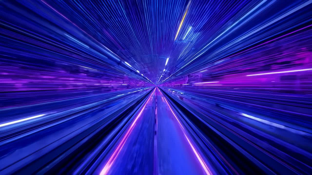 Lancio della camera che sfreccia attraverso un tunnel al neon, binario lucido che echeggia striature viola per la velocità