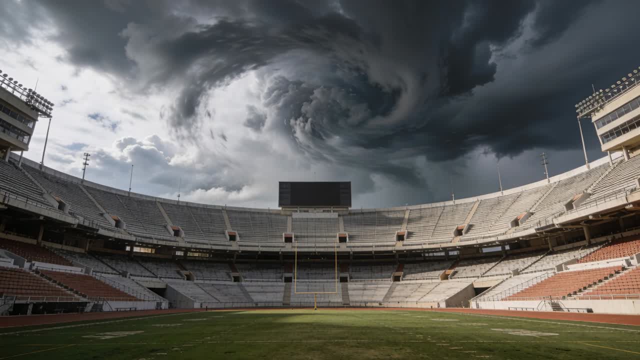 Nuvola a spirale che si stringe formando un vortice discendente sopra l'endzone con i pali della porta, suggerendo un tornado