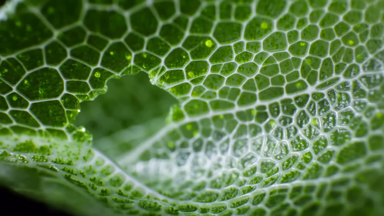 Trama intricata di foglia verde con venature visibili e goccioline d'acqua
