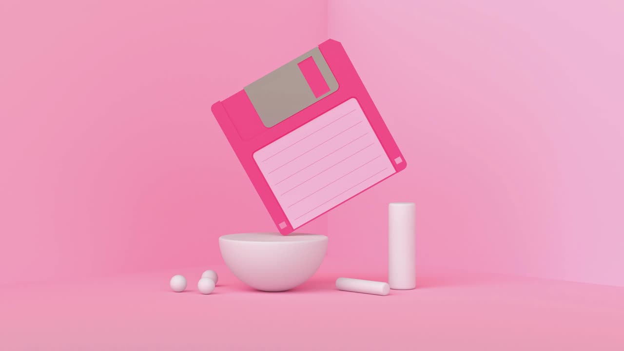 핑크 장면 핑크 디스켓 및 플로피 디스크 모션 3d 렌더링