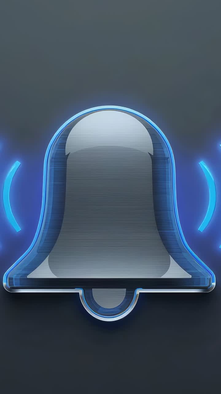 Vertical video: Pulsing bell icon sending blue arcs and clapper swing on dark gradient on alert