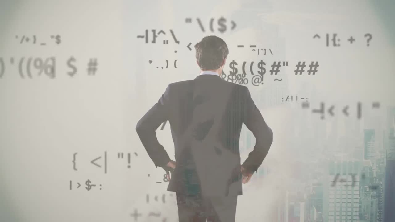 Animation of data processing and businessman over cityscape