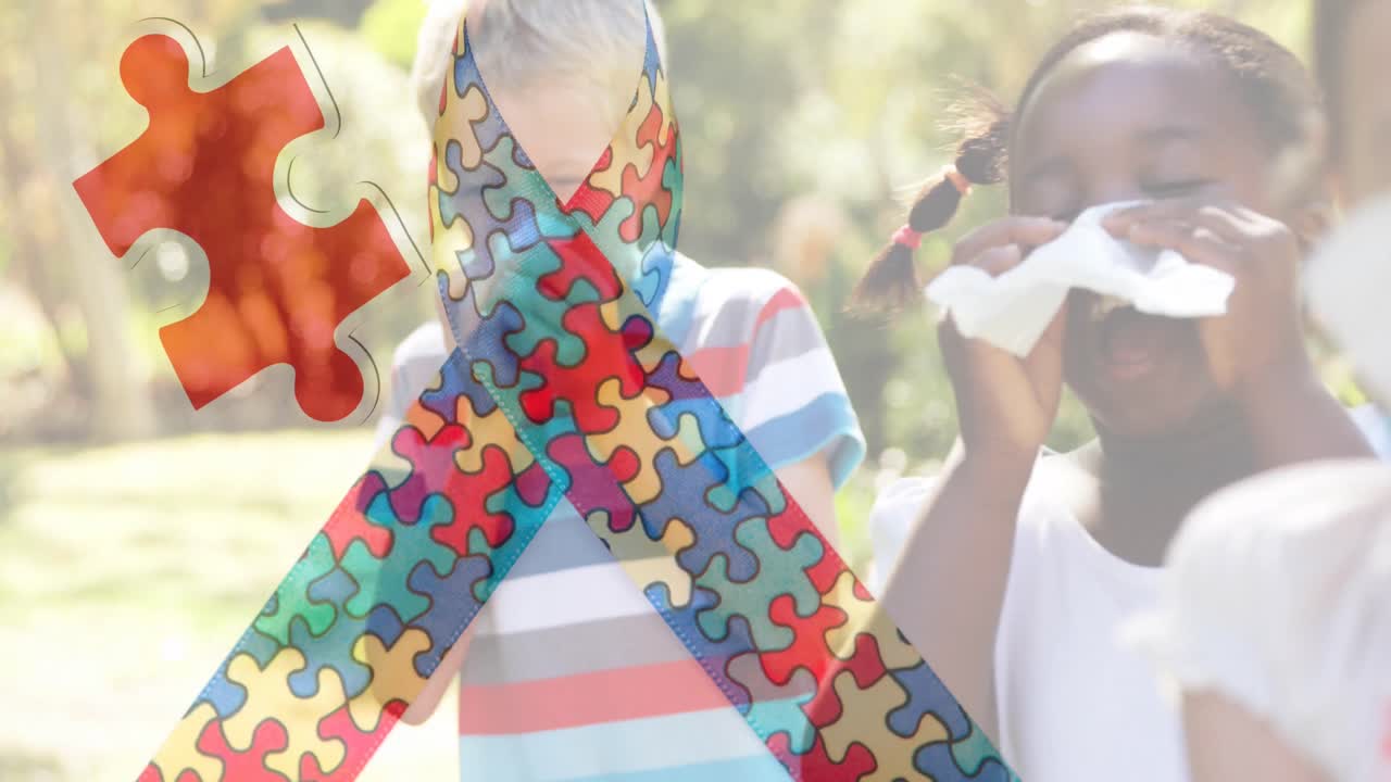 animación de coloridas piezas de rompecabezas cinta sobre los niños soplando sus narices