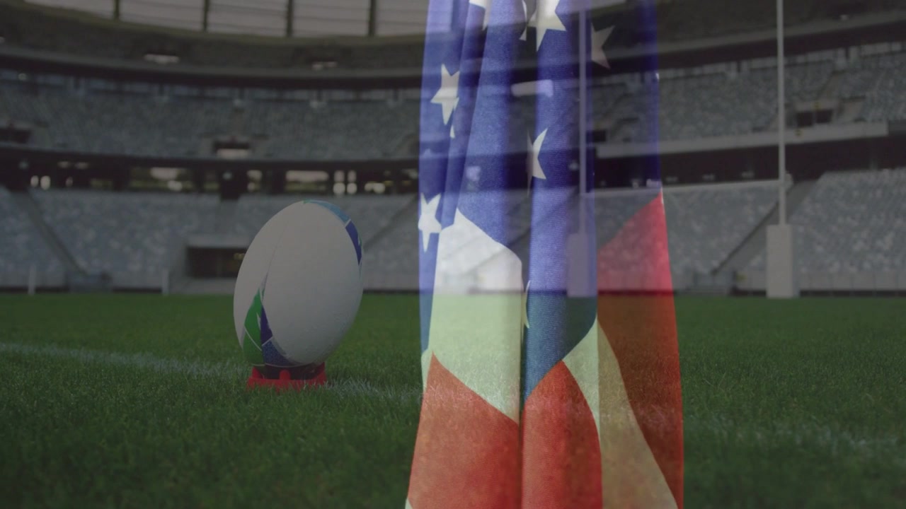 Avanzamento della sequenza di fotogrammi, motivo della bandiera che si sposta a destra e rivela una palla da rugby sul tee nei media sportivi