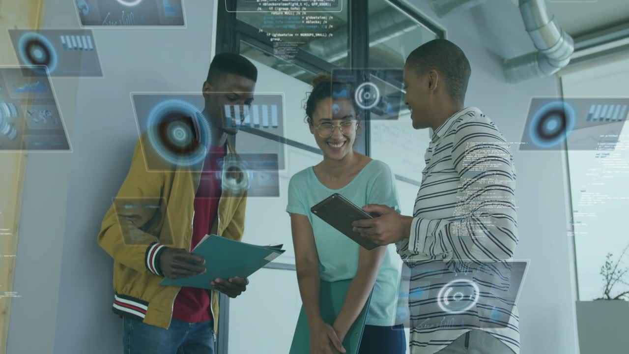 Team reviewing folders by glass partition and initiating business holographic analytics with charts