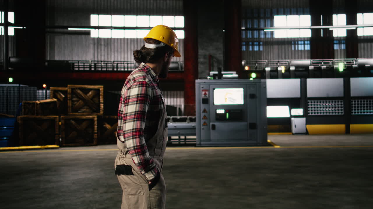 Male engineer with helmet walking through heavy industry plant