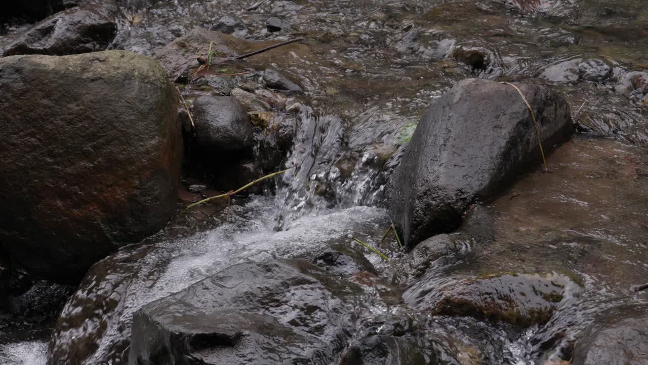 A calm river with rocks, water flowing gently over them in slow motion