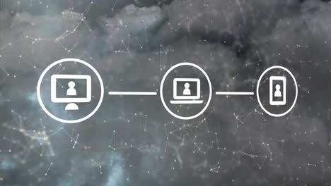 animation of digital icons and network of connections against thunder and dark clouds