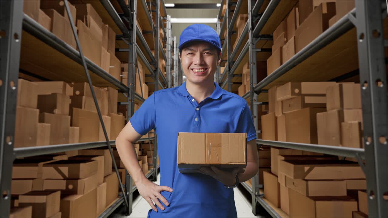 mensajero masculino asiático en uniforme azul poniendo la mano en la cadera y sonriendo mientras entrega un cartón en el almacén, postura proa
