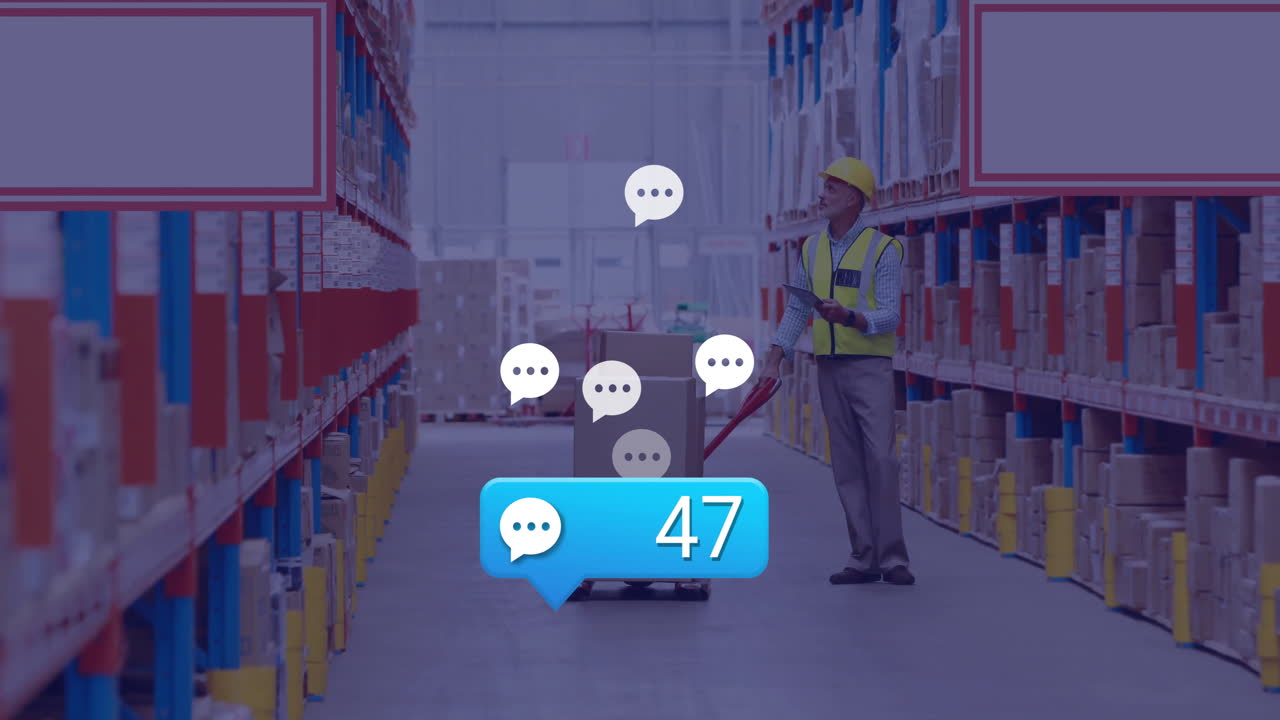 Animation of media icons over caucasian male worker in warehouse