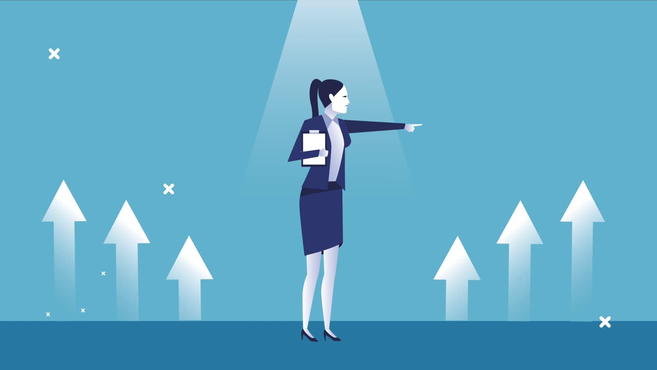 우아한 사업가 여성 노동자 인싱과 화살표를 올립니다.