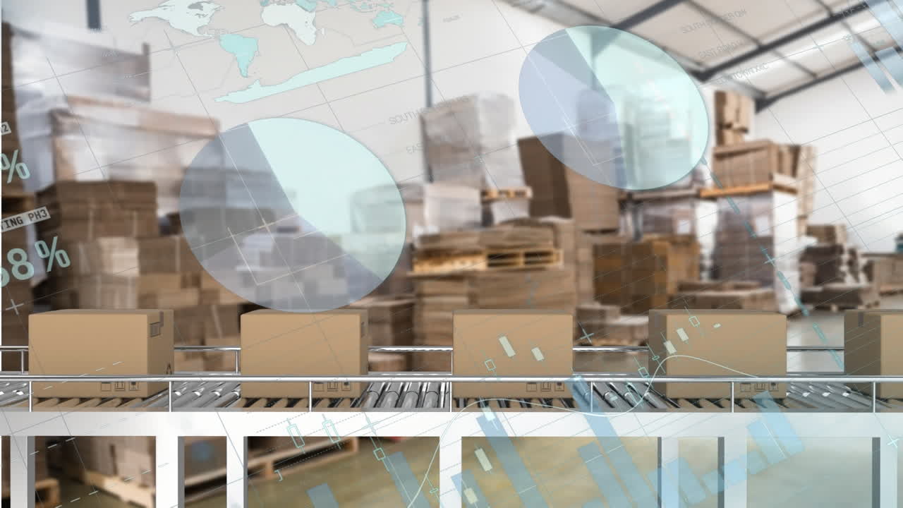 анимация обработки статистических данных над коробками доставки на конвейерной ленте против склада
