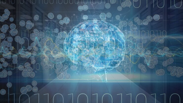 Animation of icons, binary code and brain over servers