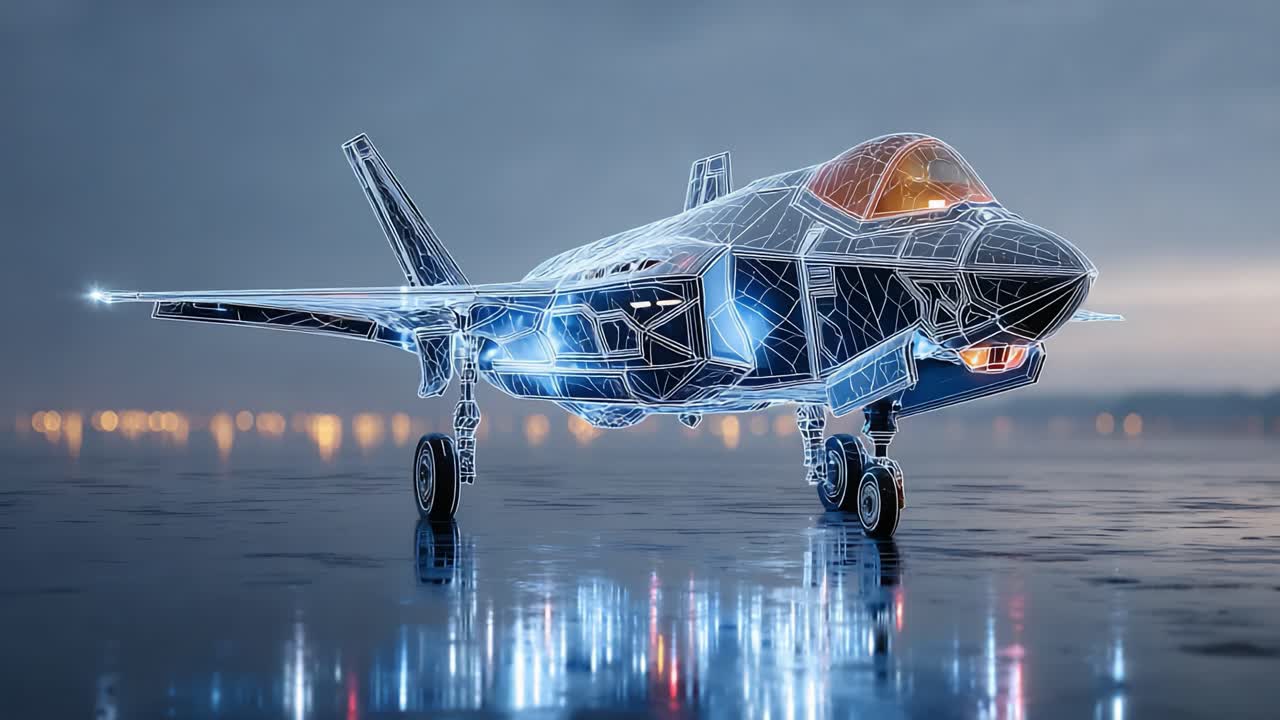 A Stunning High-Tech Representation of a Modern Fighter Jet Showcasing Futuristic Design Elements and Vibrant Lighting Effects in a Dramatic Atmospheric Setting