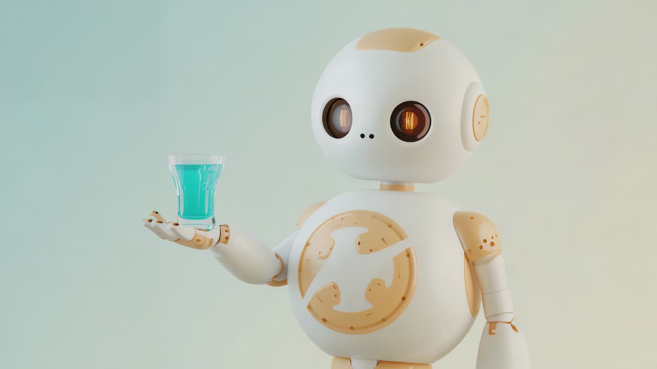 Robot bianco-beige che tiene un bicchiere ciano sul palmo destro in studio, la telecamera si allontana rivelando un emblema