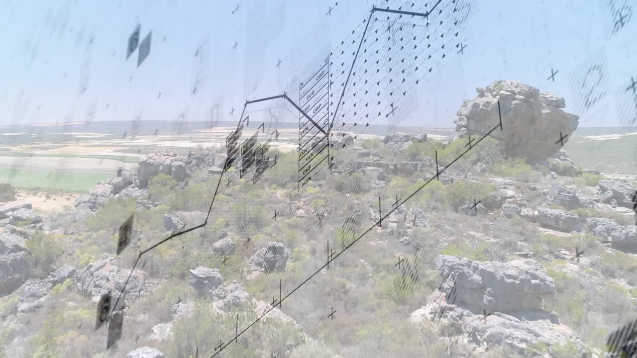 Geometric patterns and lines animation over rocky landscape with vegetation