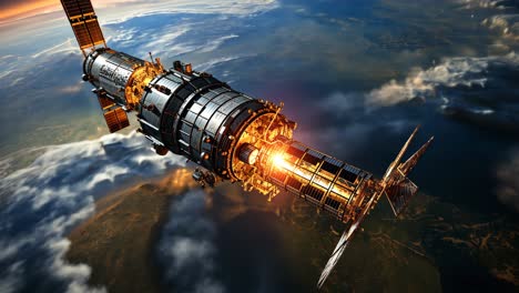 spacecraft in orbit above earth during a vibrant sunset