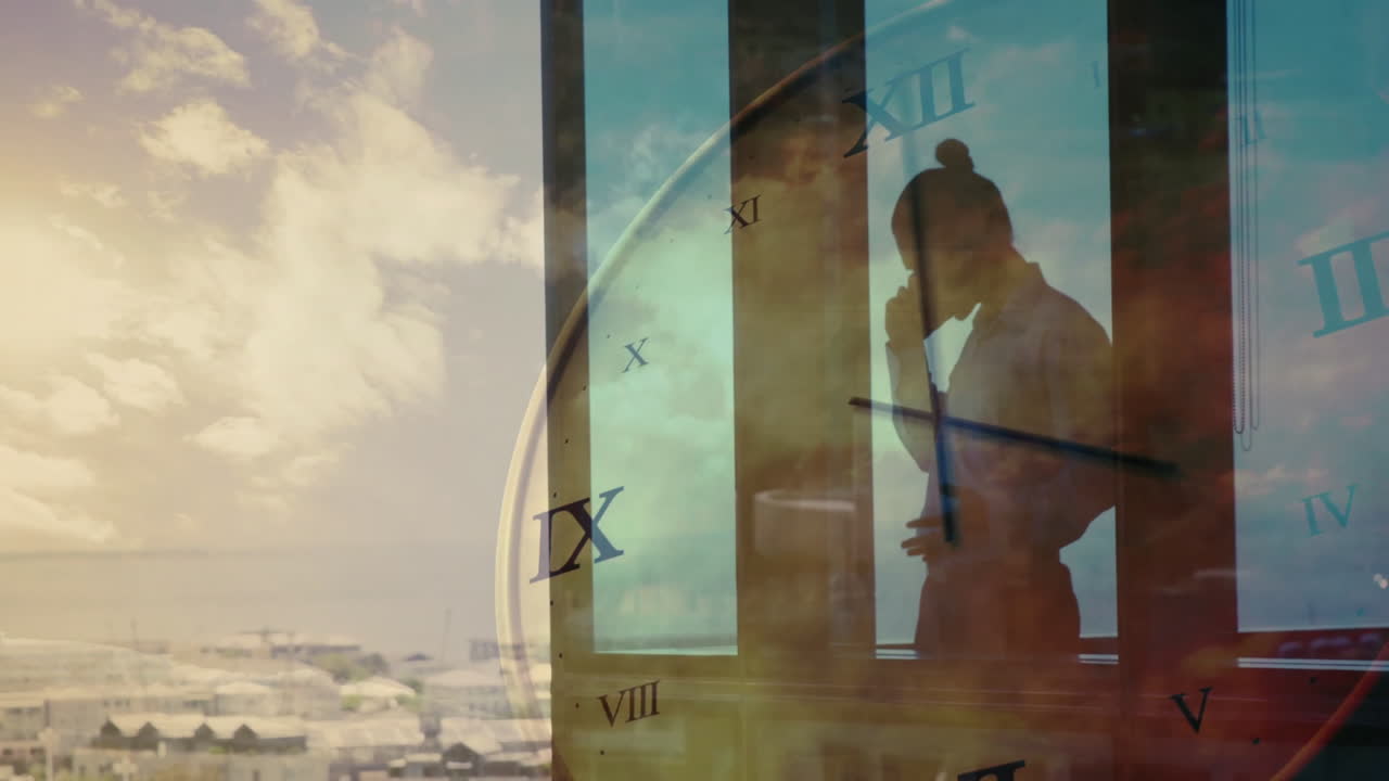 Silhouette of person thinking over large clock face animation and cityscape