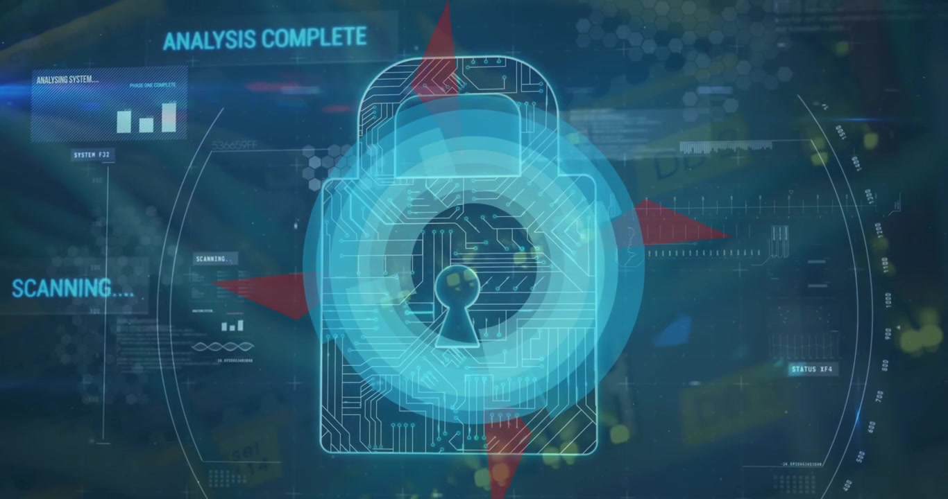Digital Security Padlock Icon with Data Analysis Interface