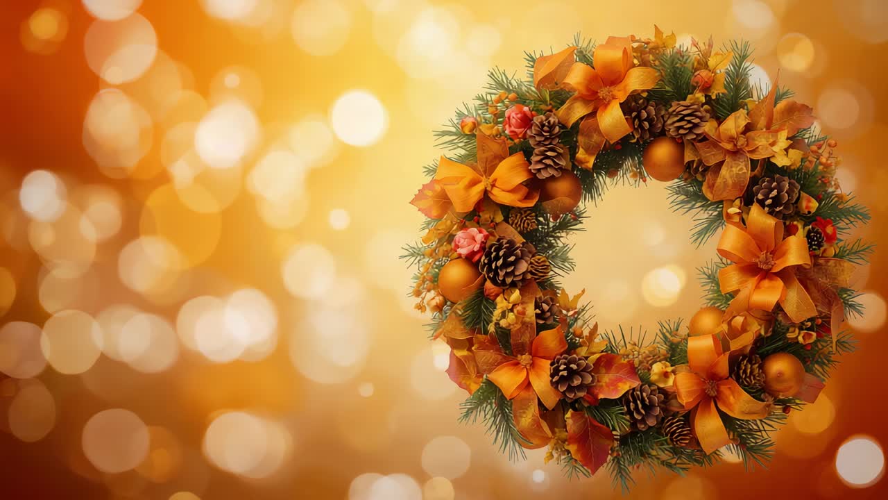 Panning camera driving festive wreath shifting to center amid warm bokeh, revealing bows, pinecones