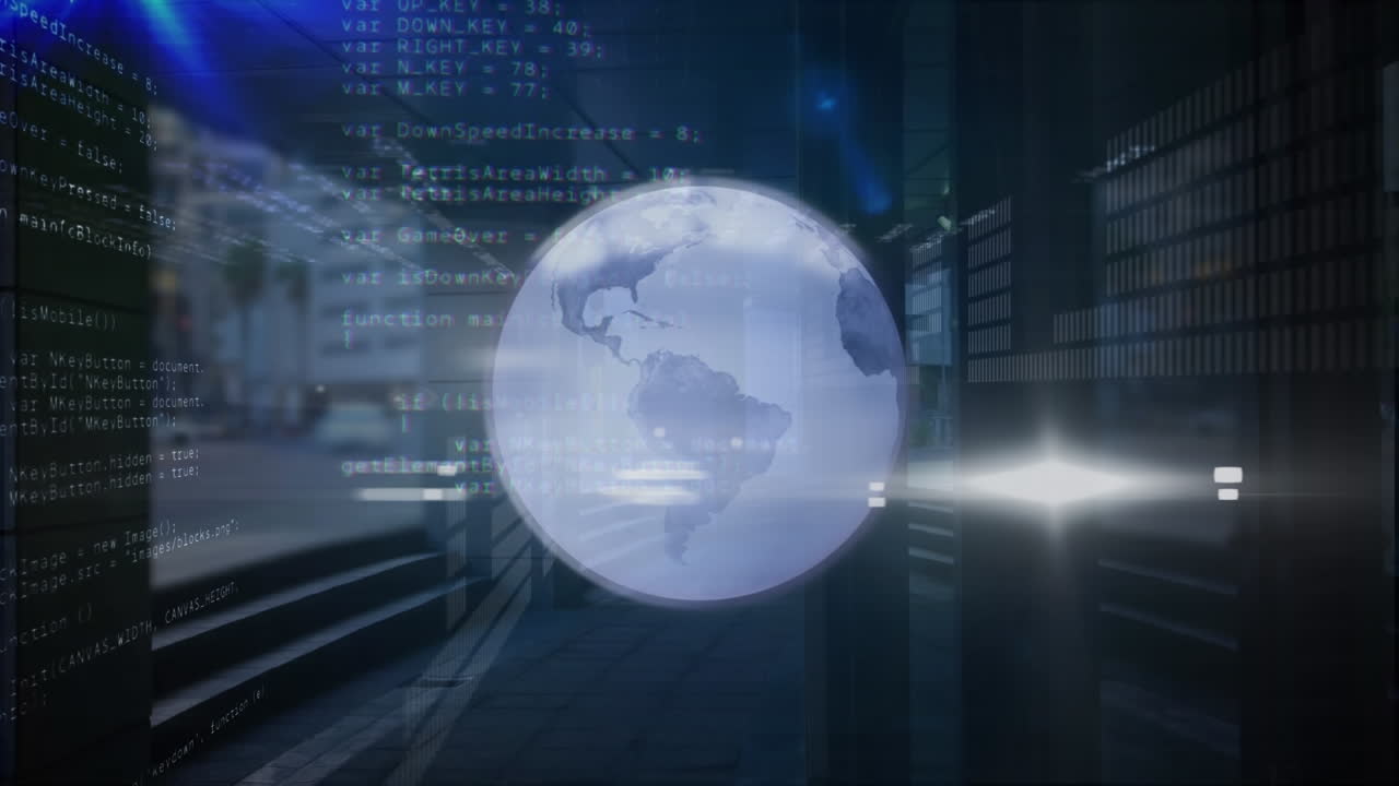 Animation of globe and data processing over cityscape