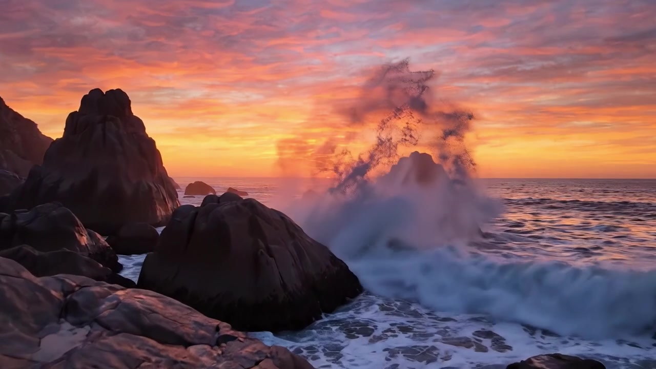 Uno splendido tramonto su una costa rocciosa: cattura i colori maestosi del crepuscolo mentre le onde si infrangono dolcemente contro le rocce in silhouette in un sereno ambiente costiero
