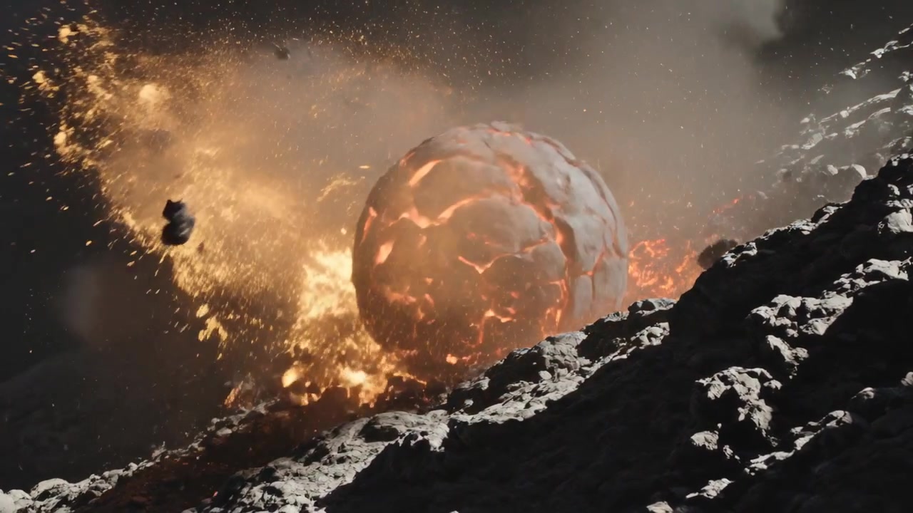Sfera fusa che rotola scendendo un pendio, colpendo il terreno e sprigionando fiamme, rocce, fumo e braci.