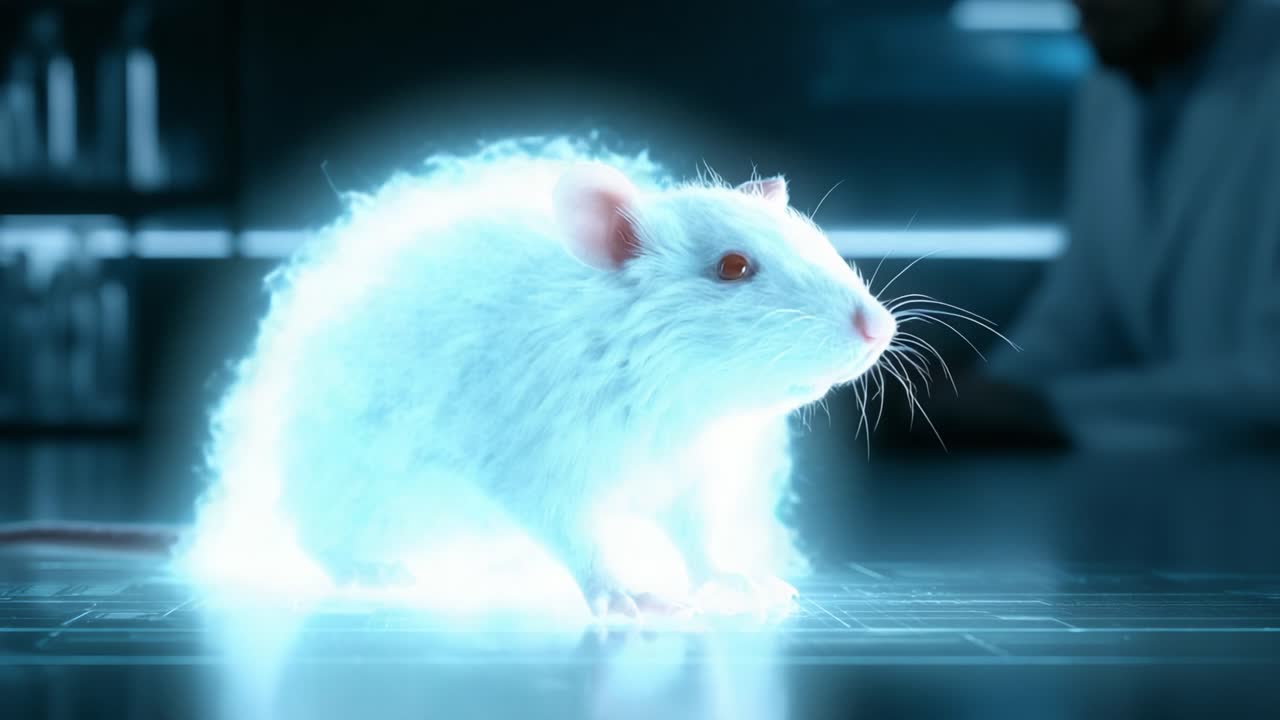 En elektrifierande förvandling: En mus omgiven av energiska vågor i en futuristisk laboratoriemiljö