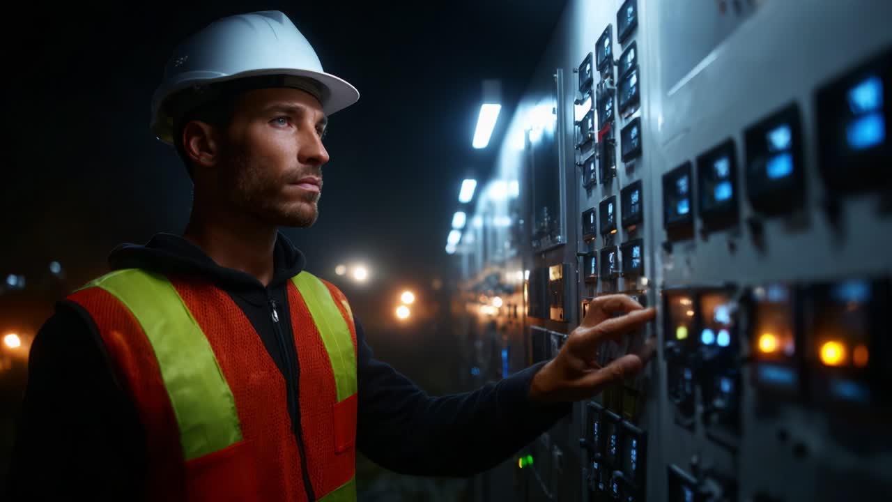 A focused industrial worker in safety gear operates a control panel at night, showcasing expertise in managing machinery and ensuring safety in a high-stakes work environment