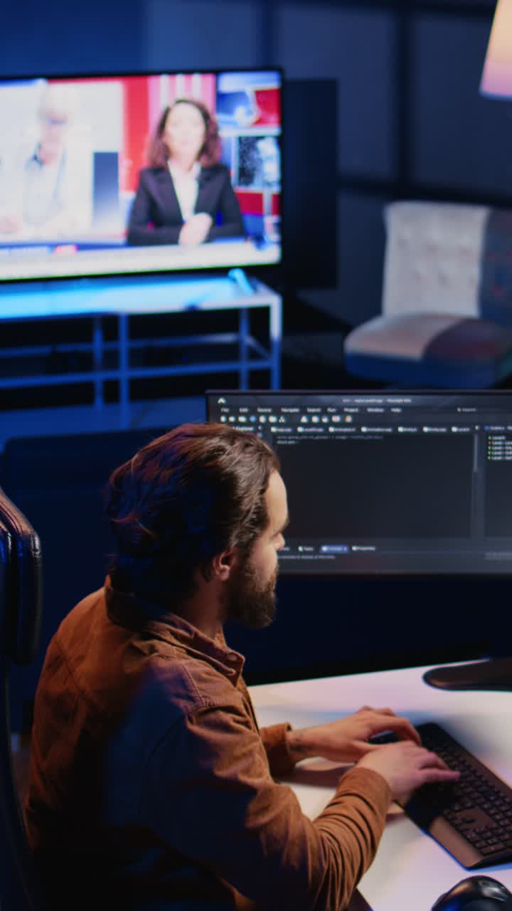 Un programmatore celebra il successo mentre programma al computer di notte