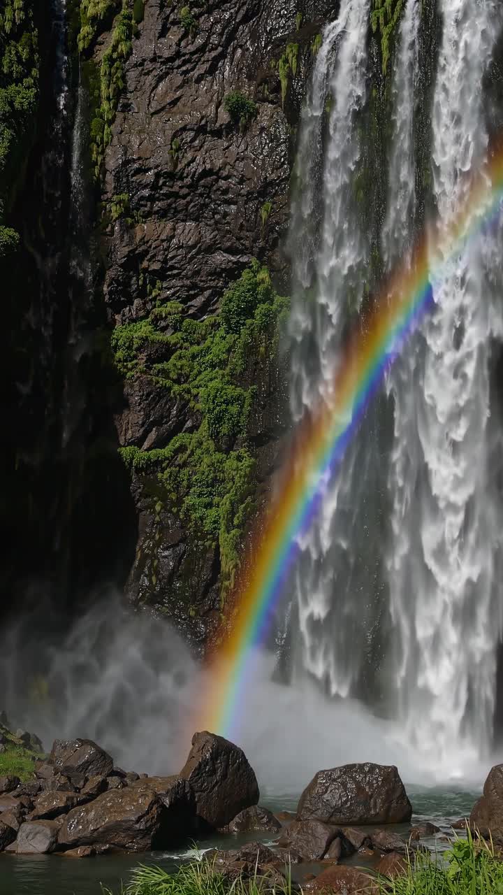 A stunning vertical video shot captures a vibrant rainbow arching through mist at the base