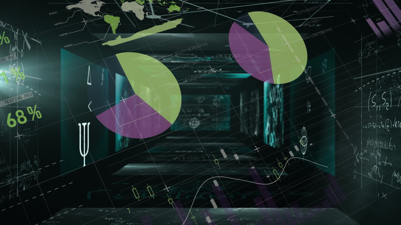 ecuaciones matemáticas flotantes contra el procesamiento de datos estadísticos contra un fondo negro