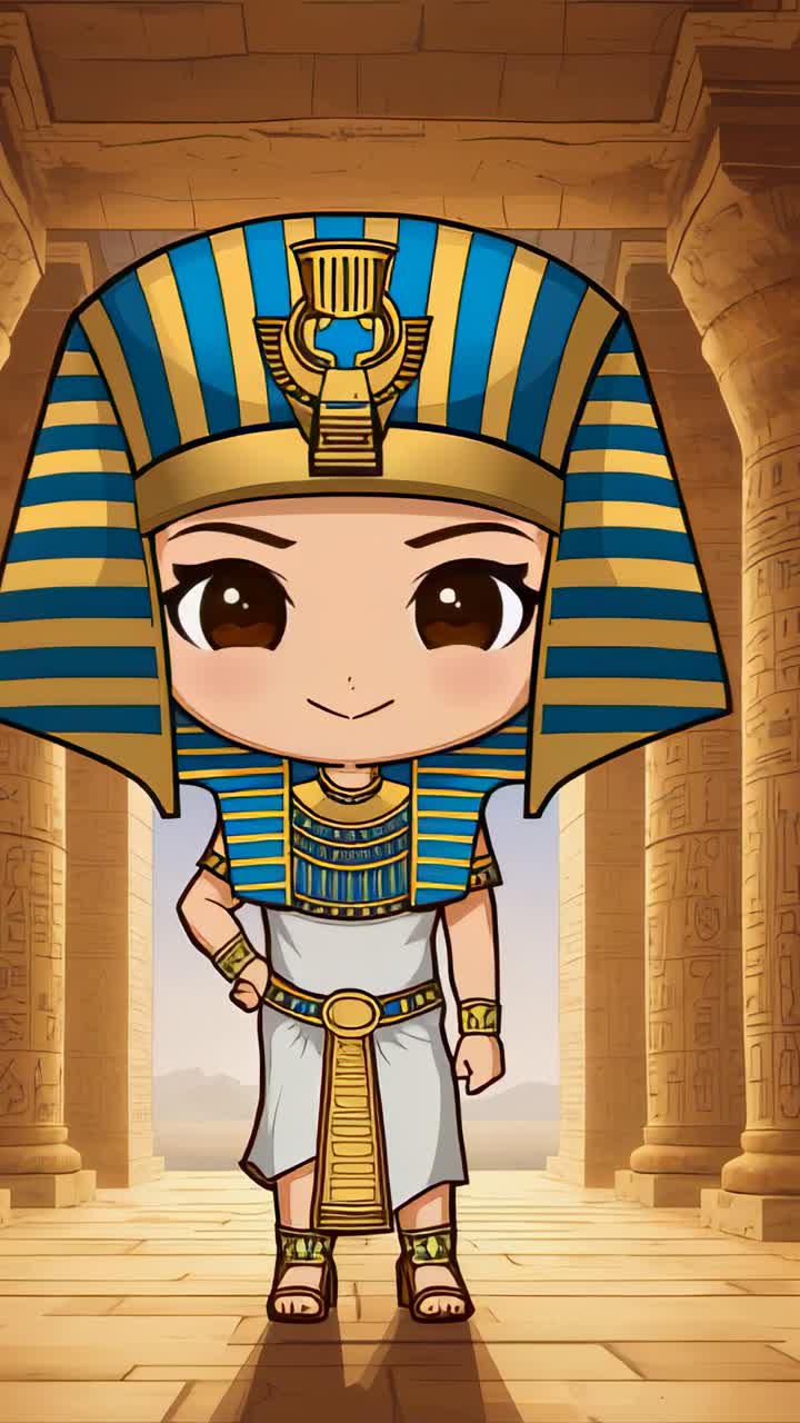 Vertical video: At start chibi pharaoh wearing headdress opening eyes blinking in temple corridor