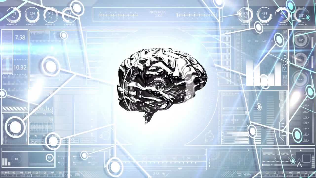 연결 네트워크와 디지털 컴퓨터 인터페이스에 대한 뇌 회전의 디지털 애니메이션